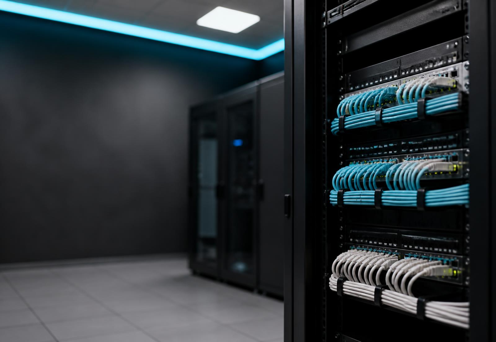 Neatly dressed patch cabling in a commercial network equipment rack